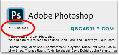 Überprüfen der Versionsnummer nach dem Update von Photoshop