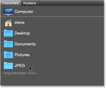 The JPEG folder location is saved as a favorite in Bridge. Image © 2015 Photoshop Essentials.com