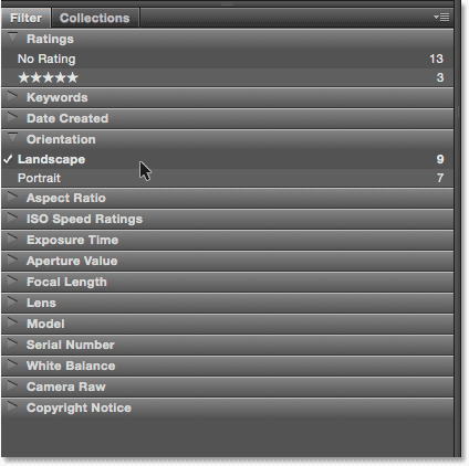 Filter panel in Adobe Bridge CC. Image © 2015 Photoshop Essentials.com