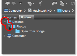 Clicking the triangles to navigate through the folder structure in Bridge.