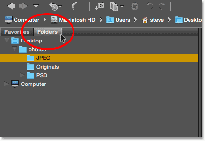 Clicking tabs to switch between folders in a group in Bridge. Image © 2015 Photoshop Essentials.com