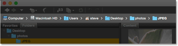Clicking tabs to switch between folders in a group in Bridge. Image © 2015 Photoshop Essentials.com