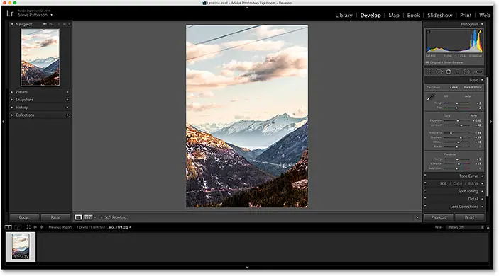 Una imagen JPEG abierta en la consola de desarrollo de Adobe Lightroom CC.