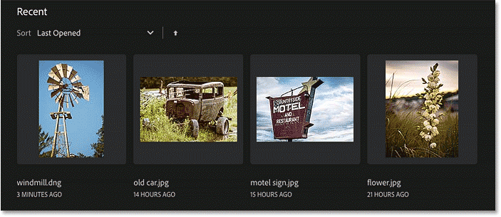 La pantalla principal de Photoshop muestra todos los archivos recientes como miniaturas