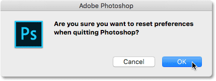 Photoshop preferences reset confirmation box.