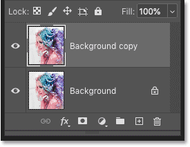 The Layers panel in Photoshop displays the background copy layer