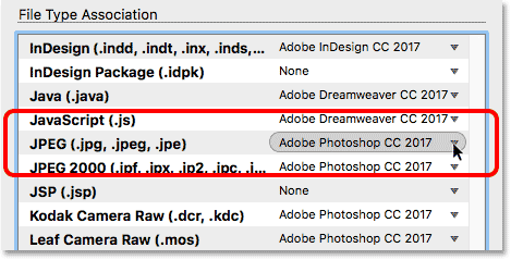 Configuración de JPEG en Asociaciones de tipo de archivo en Adobe Bridge.