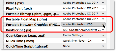 Bridge ist so eingestellt, dass PNG-Dateien in Photoshop CS6 geöffnet werden.