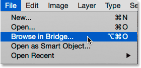 Select the Browse in Bridge command from Photoshop's File menu.