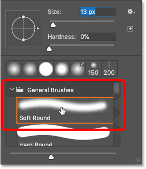 Choosing a Soft Round brush from the Brush Preset chooser in Photoshop
