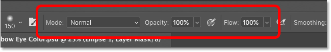 Position, opacity, and flow options for the Brush tool in the options bar in Photoshop