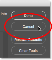 النقر فوق الزر "إلغاء" في مربع الحوار "تخصيص شريط الأدوات". 