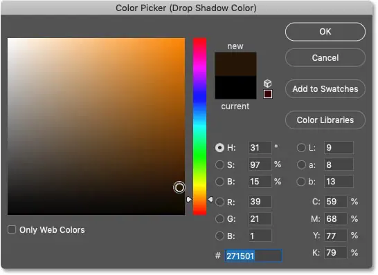 اختيار نسخة داكنة مشبعة من لون العينة للظل المسقط في Photoshop