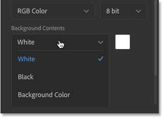 Opciones iniciales de color de fondo para el nuevo documento de Photoshop