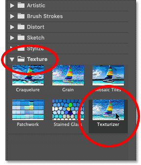 Auswählen eines Texturizer-Filters in der Filtergalerie von Photoshop.