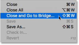Choosing the Close and Go to Bridge command in Photoshop.