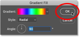 إغلاق شاشة Gradient Fill في Photoshop