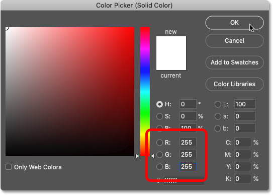 Définissez le calque de remplissage de couleur unie sur blanc dans le sélecteur de couleurs de Photoshop.