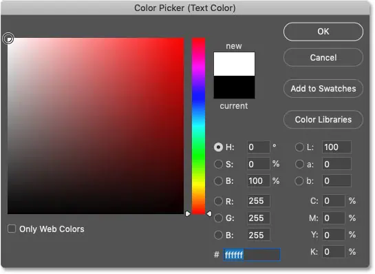 Establezca el color de texto en blanco en el Selector de color en Photoshop