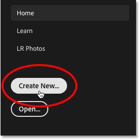 النقر فوق الزر "إنشاء جديد ..." على الشاشة الرئيسية في Photoshop