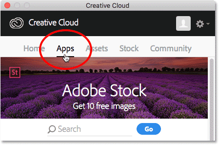 Choose the app category in the Creative Cloud app.