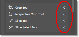 تشترك مجموعة أدوات Crop and Slice في نفس اختصار لوحة المفاتيح. 