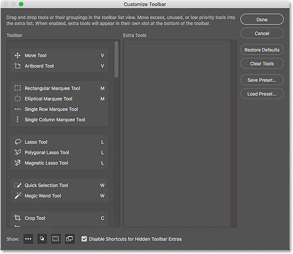 مربع حوار Customize Toolbar الجديد في Photoshop CC.