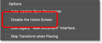 Disable Home Screen option in Photoshop Preferences