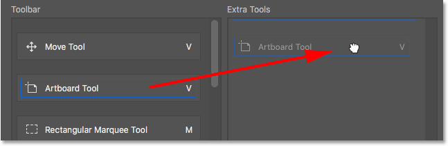 سحب أداة Artboard Tool مرة أخرى إلى عمود أدوات إضافية. 