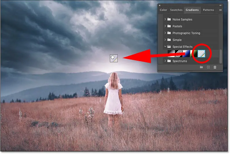 Drag a Russell's Rainbow gradient onto the image from the Gradients panel in Photoshop