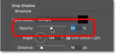 Increase the Opacity value of the drop shadow in the Layer Style dialog box in Photoshop