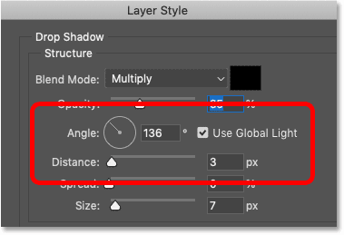 Параметры угла и расстояния для тени в диалоговом окне «Стиль слоя» в Photoshop