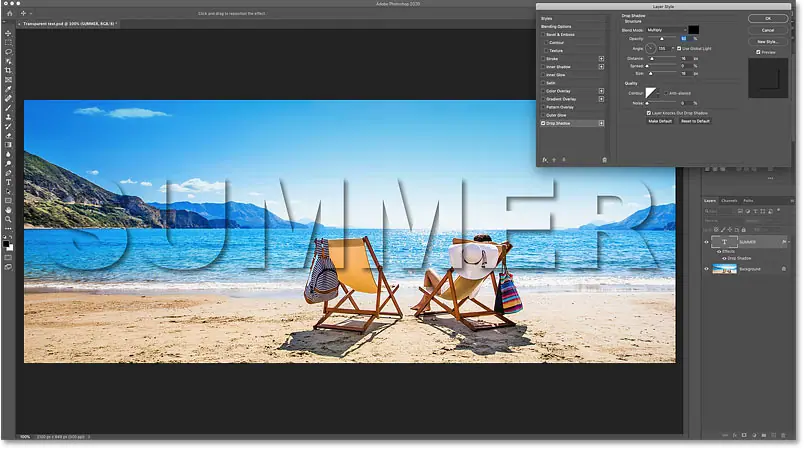 Результат с тенью показывает прозрачный текст в Photoshop