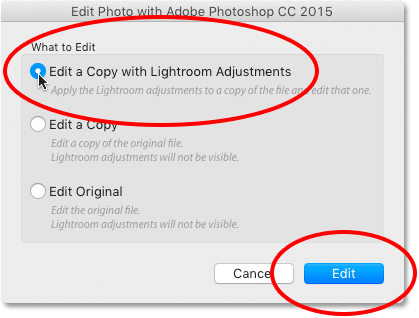 Choisissez l’option Modifier une copie à l’aide des ajustements de Lightroom dans Lightroom CC.