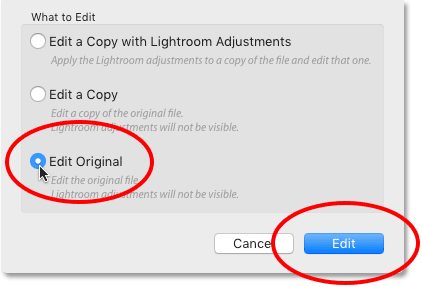 Wählen Sie erneut den Befehl „Bearbeiten“ in Adobe Photoshop in Lightroom CC.
