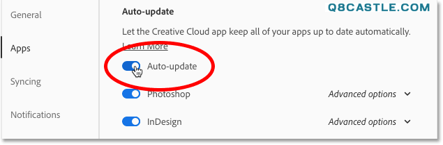 Aktivieren Sie die Option zur automatischen Aktualisierung in den Einstellungen der Creative Cloud-App