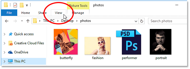 Clicking on the View menu in Windows 10 File Explorer.
