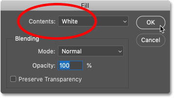 ضبط خيار المحتويات على الأبيض في شاشة التعبئة في Photoshop