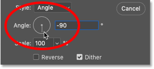 Modifiez l'angle du dégradé dans la boîte de dialogue Remplissage dégradé de Photoshop