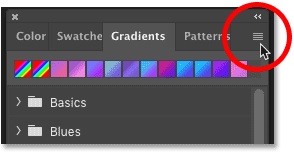 Opening the Gradients panel menu in Photoshop CC 2020