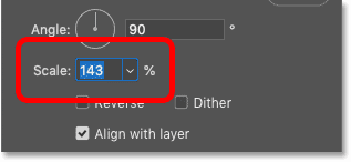 Increase the gradient value in the Gradient Fill dialog box in Photoshop