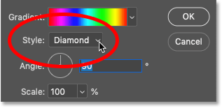 Changing the Style to Diamond in Photoshop's Gradient Fill dialog box