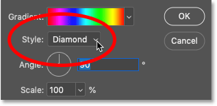 Ändern des Stils in „Diamant“ im Dialogfeld „Verlaufsfüllung“ von Photoshop