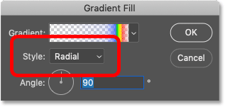 Cambie el modo de degradado a Radial en el cuadro de diálogo Relleno degradado en Photoshop