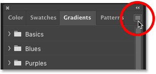 Open the Gradients panel menu in Photoshop