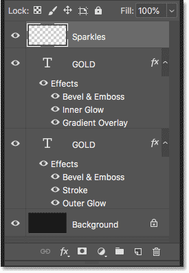 Le panneau Calques affiche les effets de texte et les calques d'arrière-plan de Photoshop.