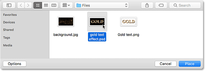 Выберите документ Photoshop, чтобы разместить текстовый эффект на новом фоне.