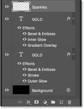 The Layers panel displays the text effect and background layer layers