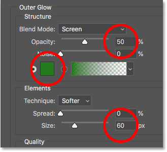 Options de lueur extérieure pour le texte dans Photoshop