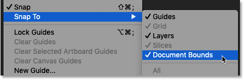 Ensure that the Snap To Document Bounds option is turned on in Photoshop